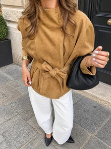 Solstice Apparel Women Caramel Faux Suede Jacket, Stand Collar Belted Waist Puff Sleeve Cropped Coat - Ginger - View 2