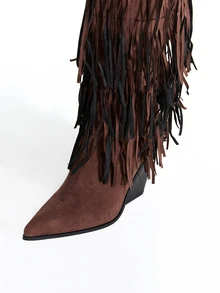 CHICVUE Fall/Winter 2025 Women Brown Knee-High Geometric Fringed Decor Side Zip Faux Suede - Coffee Brown - View 4