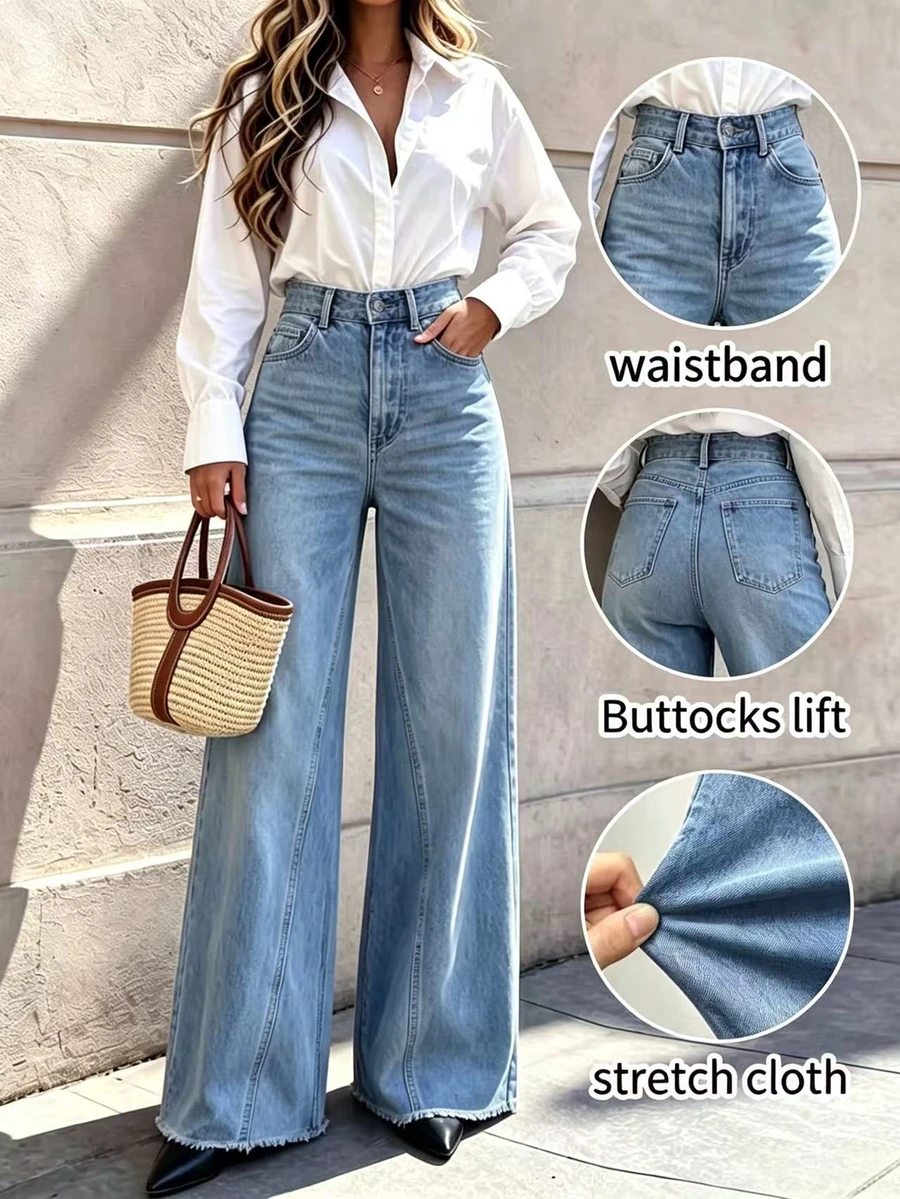 Vintage Light Blue Washed Wide Leg Denim Jeans, Mid-Waist Stretch Frayed Hem, Butt-Lifting Versatile Casual Women's Pants - Light Wash - View 1
