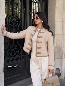 Women's Minimalist Versatile Padded Shoulder Tie-Knot Jacket, Vintage Frog Button Short Outerwear - Champagne - View 1