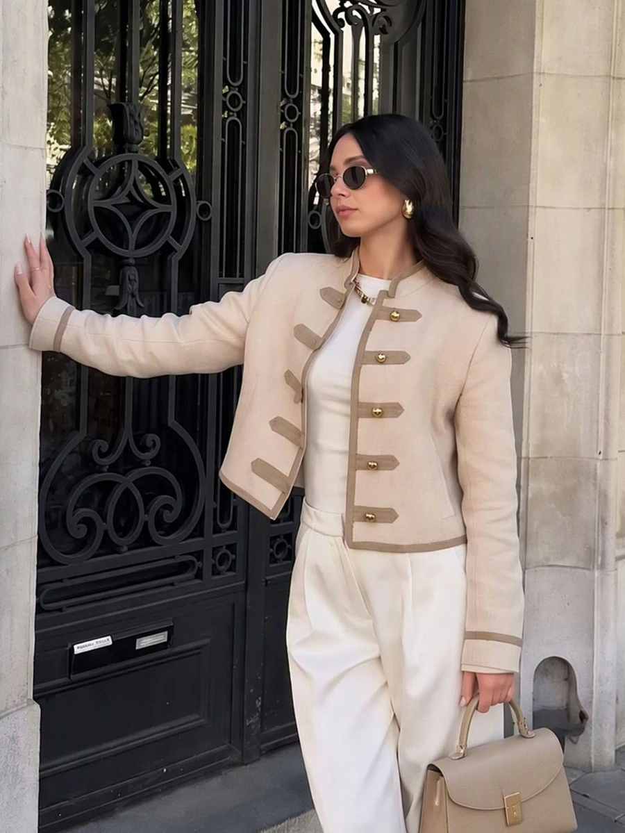 Women's Minimalist Versatile Padded Shoulder Tie-Knot Jacket, Vintage Frog Button Short Outerwear - Champagne - View 1