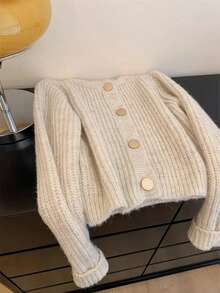 Plus Size Women's Round Neck Fuzzy Knit Cardigan, Long Sleeve Button-Up, Autumn/Winter Casual Essential - Beige - View 4
