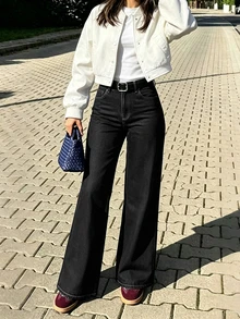 女款黑色直筒牛仔褲，鈕扣細節設計，長版，休閒優雅秋季穿搭，中彈力面料（不含腰帶） - 黑色 - 查看 1