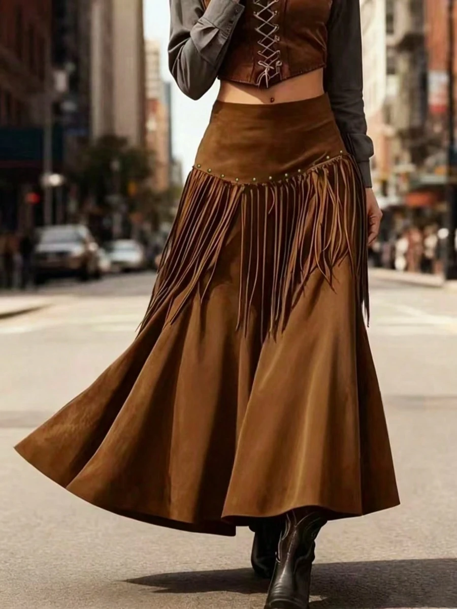 Women's Bohemian Style Tassel Rivet Elegant Knit Fabric Maxi Dress, Autumn Party And Western Style Outfit - Brown - View 1