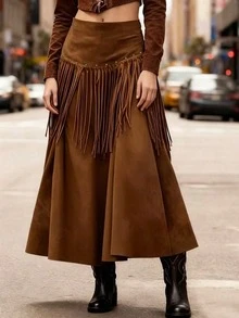Women's Bohemian Style Tassel Rivet Elegant Knit Fabric Maxi Dress, Autumn Party And Western Style Outfit - Brown - View 2