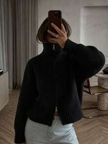 Women's New Autumn Knit Cardigan With Turn-Down Collar, Long Sleeve, Casual Daily Commute, College Style - Black - View 1