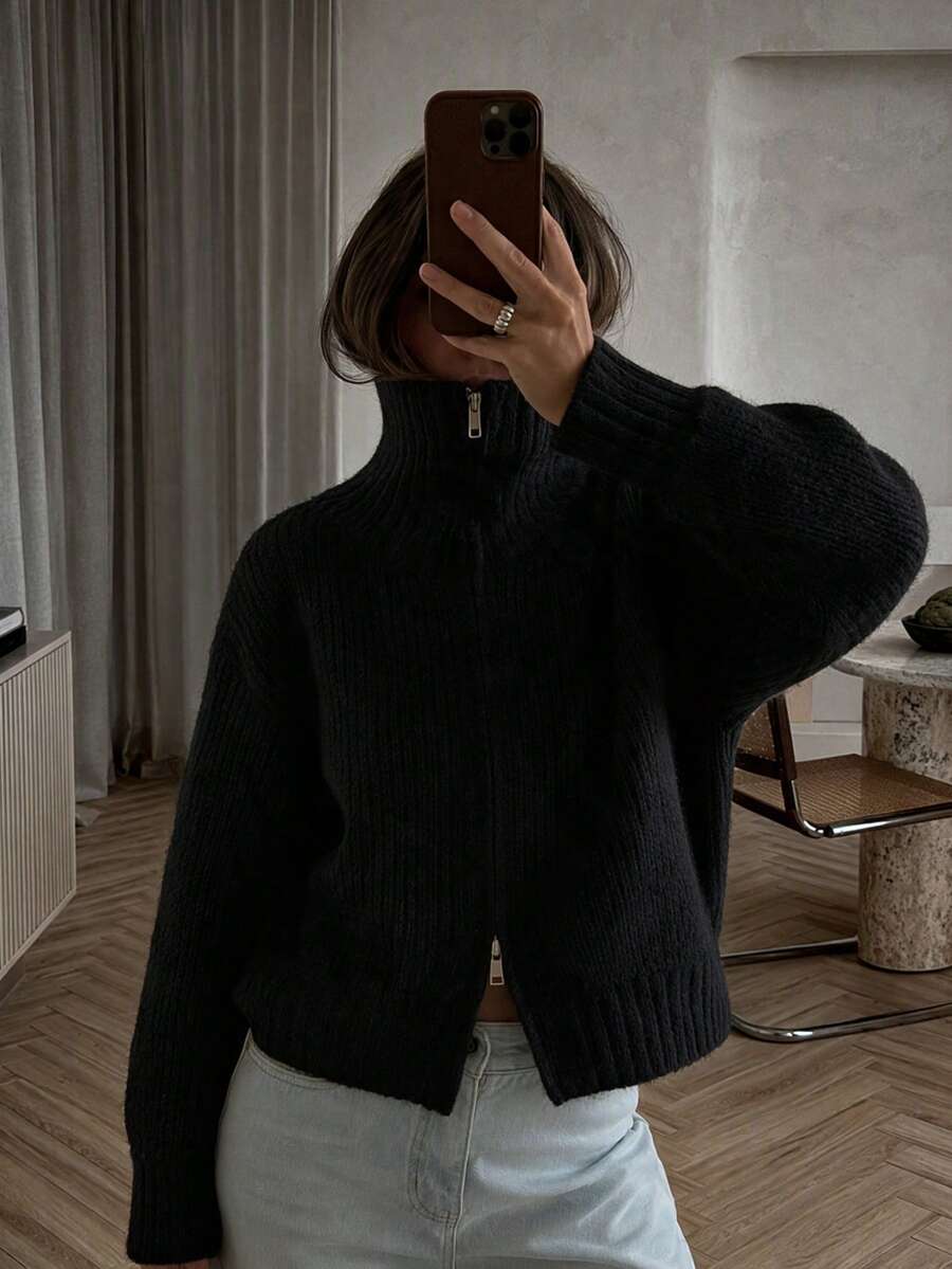 Women's New Autumn Knit Cardigan With Turn-Down Collar, Long Sleeve, Casual Daily Commute, College Style - Black - View 1