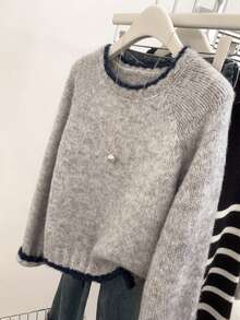 Sweater Lengan Panjang Raglan Leher Bulat dengan Trim Colorblock untuk Wanita Ukuran Plus, Pakaian Kasual Sehari-hari yang Penting 2026 - Grey - View 1