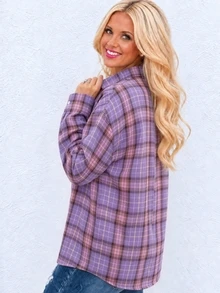 Plus Size Long Sleeve Plaid Multi-Pocket Contrast Color Plaid Shirt - الأرجواني - مشاهدة 2