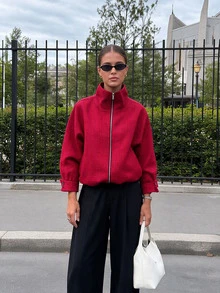 Women's Red Plaid Zipper Casual Jacket, Autumn Street Style Outerwear - Red - View 5