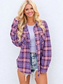 Plus Size Long Sleeve Plaid Multi-Pocket Contrast Color Plaid Shirt - الأرجواني - مشاهدة 1