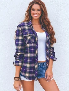 Áo sơ mi flannel tay dài kẻ caro phối màu tương phản có túi, phong cách thường ngày mùa thu - Màu tím - Xem 4