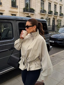 Women Fall Fashion Elegant Casual Beige Stand Collar Drawstring Waist Long Sleeve Jacket For Office Work Going Out Vacation - Light Khaki - View 4