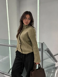Women's High Neck Ribbed Button-Front Knit Cardigan Sweater, Solid Color Long Sleeve Top For Autumn - Olive Green - View 3