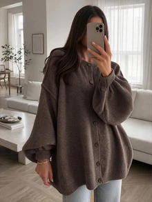 Solid Brown Round Neck Button Front Lantern Long Sleeve Mid Length Knit Cardigan Women Vintage Elegant Lazy Style Sweater Coat For Autumn Winter - Light Brown - View 6