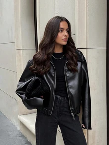 Women's Retro Collar Long Sleeve Minimalist PU Leather Loose Jacket, Women's Fashion New Distressed Leather Jacket, Quiet Fall Black - Black - View 7