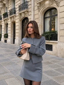 Women Fall Elegant Business Grey Pinstripe Long Sleeve Blazer And Mini Skirt Two Pieces Set For Office Work Daily Going Out - Grey - View 2