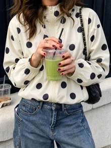 Women's Plus Size Polka Dot Print Drawstring Hood Full Zip Fashion Jacket - Green With Black Polka Dots - View 1