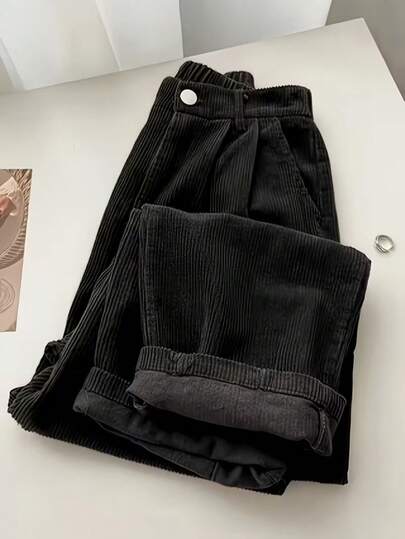 Women's Plus Size Corduroy Corduroy Loose Straight Leg Pants, Thick Warm Casual Trousers For Autumn/Winter