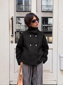 Women's New Solid Color Vintage Double-Breasted High Neck Coat, Autumn/Winter Commuter Jacket - Black - View 7