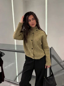 Women's High Neck Ribbed Button-Front Knit Cardigan Sweater, Solid Color Long Sleeve Top For Autumn - Olive Green - View 2