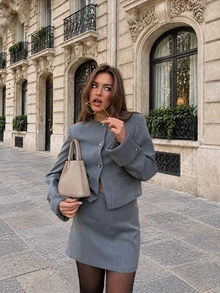 Women Fall Elegant Business Grey Pinstripe Long Sleeve Blazer And Mini Skirt Two Pieces Set For Office Work Daily Going Out - Grey - View 4