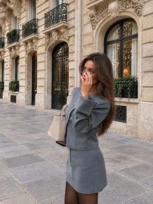 Women Fall Elegant Business Grey Pinstripe Long Sleeve Blazer And Mini Skirt Two Pieces Set For Office Work Daily Going Out - Grey - View 3