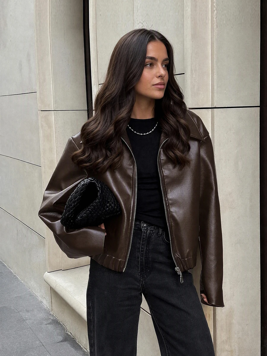 Women's Retro Collar Long Sleeve Minimalist PU Leather Loose Jacket, Autumn Solid Color Zipper Long Sleeve Vintage PU Jacket Brown, Quiet Luxury Fall - Brown - View 1