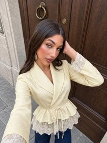 Women's Elegant French Style Contrast Lace Ruffle Trim Blazer, With Belt, Long Sleeve V-Neck Regular Fit, Suitable For Sophisticated Occasions, Commuting, Holidays, Daily Wear, Airport Outfits - Yellow - View 2