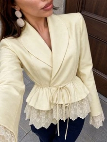 Women's Elegant French Style Contrast Lace Ruffle Trim Blazer, With Belt, Long Sleeve V-Neck Regular Fit, Suitable For Sophisticated Occasions, Commuting, Holidays, Daily Wear, Airport Outfits - Yellow - View 6