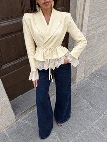 Women's Elegant French Style Contrast Lace Ruffle Trim Blazer, With Belt, Long Sleeve V-Neck Regular Fit, Suitable For Sophisticated Occasions, Commuting, Holidays, Daily Wear, Airport Outfits - Yellow - View 3