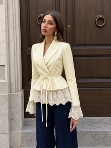 Women's Elegant French Style Contrast Lace Ruffle Trim Blazer, With Belt, Long Sleeve V-Neck Regular Fit, Suitable For Sophisticated Occasions, Commuting, Holidays, Daily Wear, Airport Outfits - Yellow - View 5