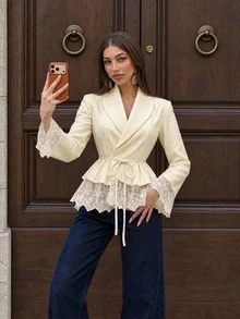 Women's Elegant French Style Contrast Lace Ruffle Trim Blazer, With Belt, Long Sleeve V-Neck Regular Fit, Suitable For Sophisticated Occasions, Commuting, Holidays, Daily Wear, Airport Outfits - Yellow - View 1