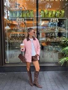 Autumn/Winter New Korean Style Youthful Pink Padded Coat, Diamond Quilted Design, Contrast Color Corduroy Collar, Single-Breasted Loose Fit, Solid Color Quilted Patchwork Collar, Front Button, Office Commute Versatile College Style Padded Coat - Pink - View 1