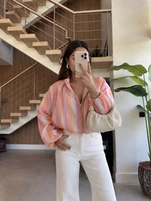 Women's Striped Zipper Casual Baseball Jacket, Lantern Sleeve Contrast Color Top - Multicolor - View 3