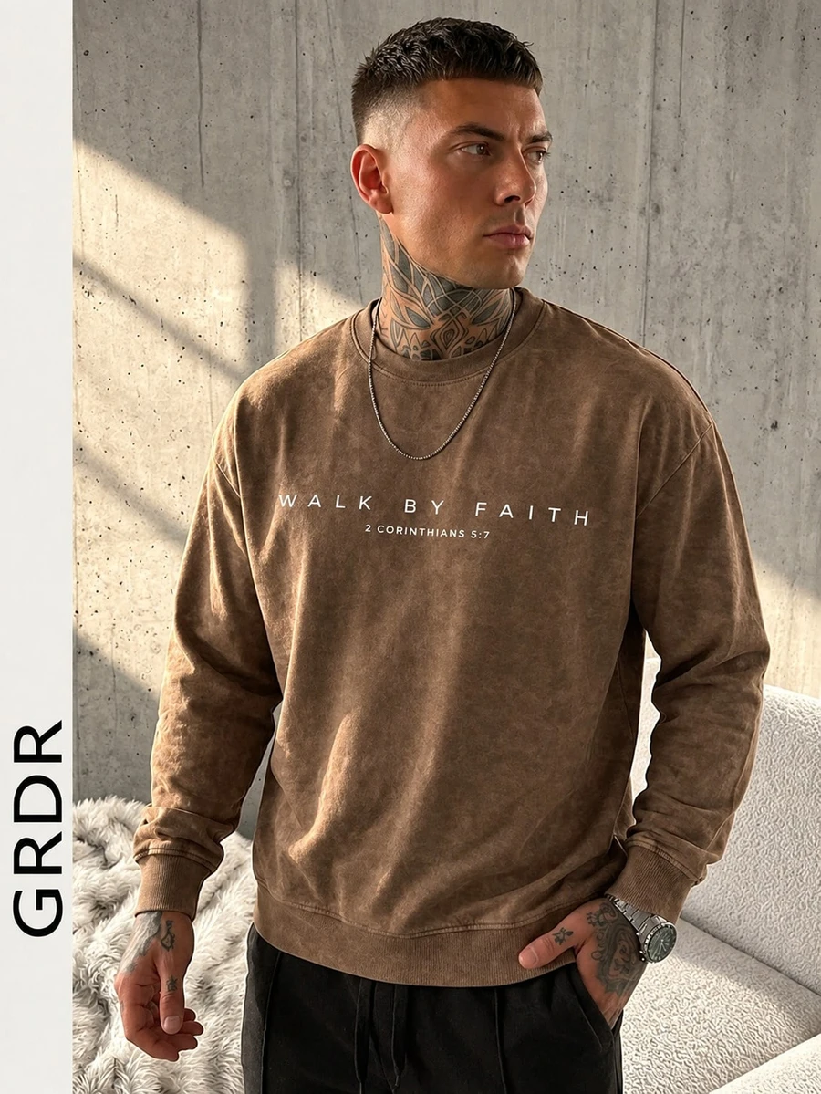 GRDR Men's Round Neck Autumn/Winter Washed Letter Print Sweatshirt - Brown - View 1