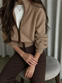 Women's New Autumn High Neck Knit Cardigan, Casual Daily, College, Commute - Khaki - View 1