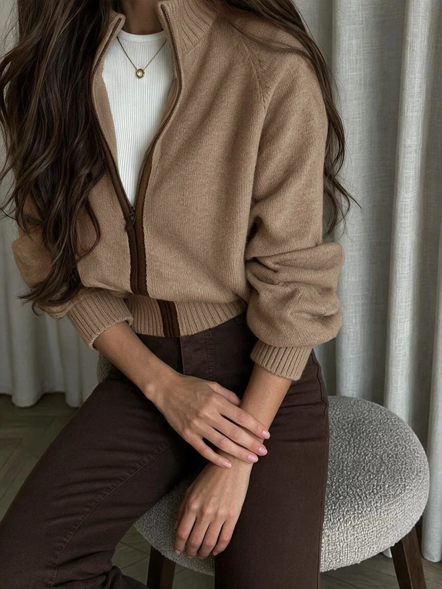 Women's New Autumn High Neck Knit Cardigan, Casual Daily, College, Commute - Khaki - View 1