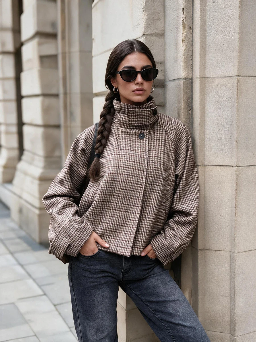 Women's Plaid High Collar Jacket, Elegant Button Front Casual Loose Fit Outerwear Suitable For Autumn Spring