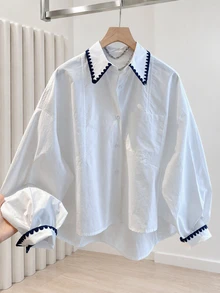 Women's Floral Trim Dropped Shoulder Long Sleeve Single-Breasted Casual Loose Fit Shirt - White - View 1