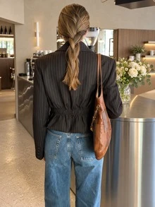 Women's Autumn/Winter Elegant Casual Striped Short Blazer - Lapel Collar, Front Button, Straight Sleeve, Back Elastic Pleated Design, Suitable For Holiday Halloween Christmas Commute Daily Wear - Coffee Brown - View 5