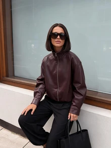 Women's Faux Leather Jacket, Zipper Vintage PU Motorcycle Jacket, Solid Color Casual Autumn Jacket - Burgundy - View 5
