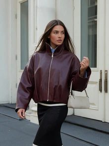 Women's Faux Leather Jacket, Zipper Vintage PU Motorcycle Jacket, Solid Color Casual Autumn Jacket - Burgundy - View 4