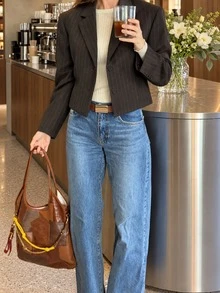 Women's Autumn/Winter Elegant Casual Striped Short Blazer - Lapel Collar, Front Button, Straight Sleeve, Back Elastic Pleated Design, Suitable For Holiday Halloween Christmas Commute Daily Wear - Coffee Brown - View 2