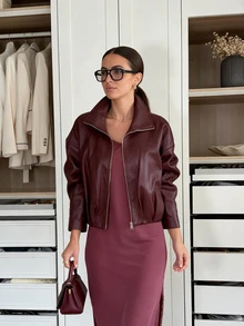 Women's Faux Leather Jacket, Zipper Vintage PU Motorcycle Jacket, Solid Color Casual Autumn Jacket - Burgundy - View 3