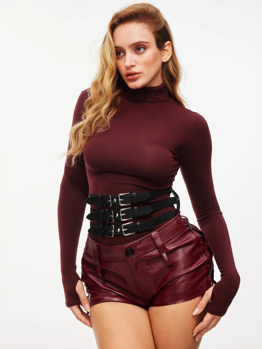 TuEzra Street Punk Black Elastic Waist Belt With Three Rows Of Buckles And Hollow Out Design Halloween Corset Summer, School - Black - View 1