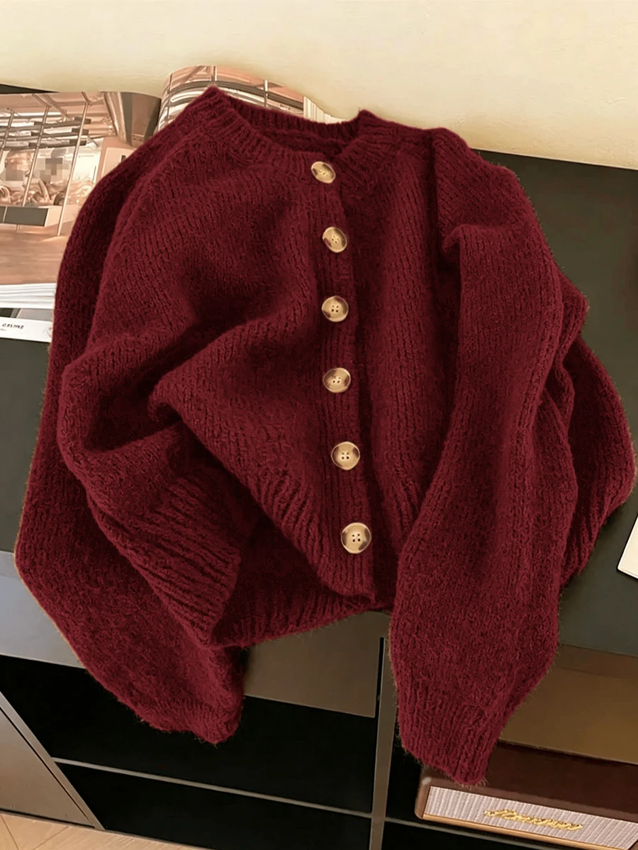 Plus Size Women's Solid Color Long Sleeve Single-Breasted Casual Knit Cardigan - Burgundy - View 1