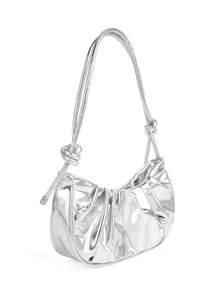 Rollcall 1pc Solid Color Pleated Glossy Cloud-Shaped PU Shoulder Bag, Fashionable Simple Elegant Women's Crescent Bag , Old Money - Silver - View 4