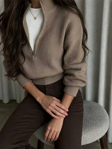 Brown Zipper High Neck Fitted Knit Top For Women, Vintage Elegant Style, Half-Zip High Neck Ribbed Long Sleeve Knit Pullover Sweater - Light Brown - View 1