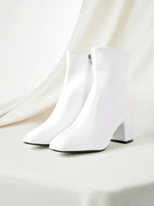 Clariva Women's Glossy Pointed Toe Tall Boots, Minimalist Solid Color, Pointed Toe High-Top Kitten Heel Fashion Boots - White - View 2